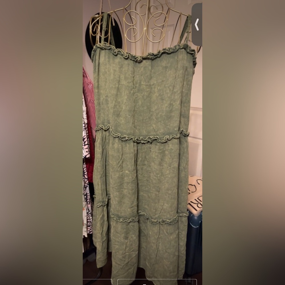 Mystree Cami Dress Acid Wash Olive Sage Green W/Ruffle Detail New Item NWT